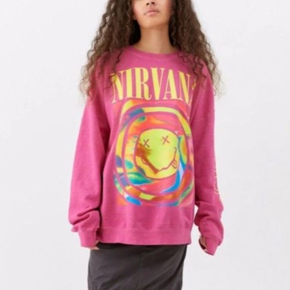 Nirvana Smiley Face Pink Tie-Dye Crewneck Sweatshirt Sz M Band Merch Graphic